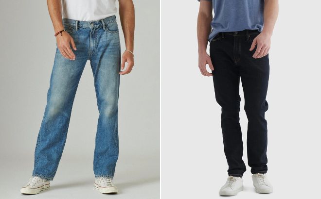 Man is Wearing Lucky Brand Vintage Straight Hemp Jean in Medium Blue Color on the Left Side and Lucky Brand Athletic Taper Coolmax Stretch Jean in Dark Blue Color on the Right Side