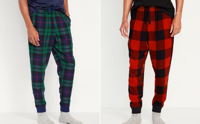 Man is Wearing Old Navy Flannel Jogger Pajama Pants in Black Watch Color on the Left Side and Red Buffalo Plaid Color on the Right Side