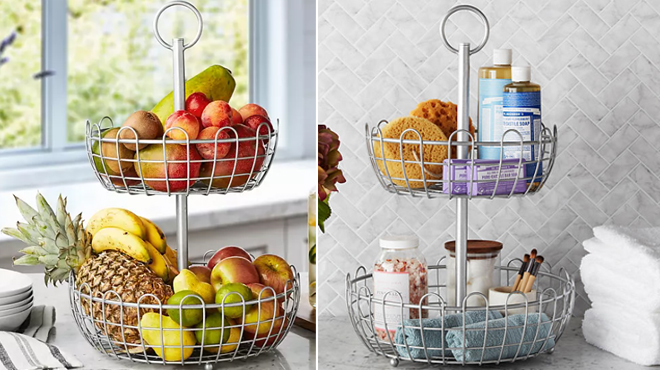 Members Mark 2 Tier Round Basket filled with fruits on the left and used to store makeup kits on the right