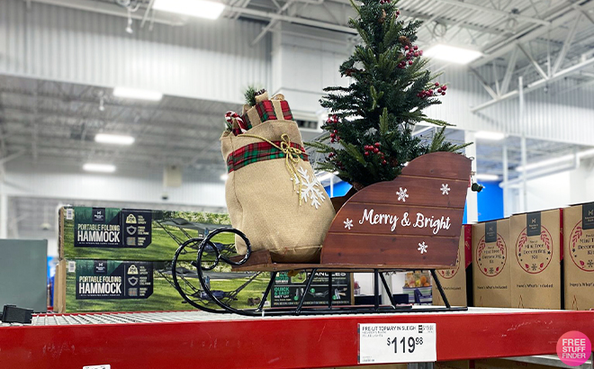 Members Mark 46 Inch Pre Lit Topiary in Red Sleigh on a Shelf at Sams Club