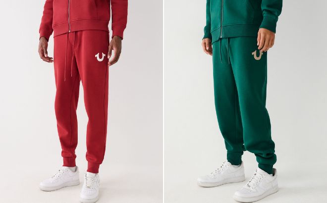 Men are Wearing True Religion Logo Jogger in Ruby Red and Emerald Green Color