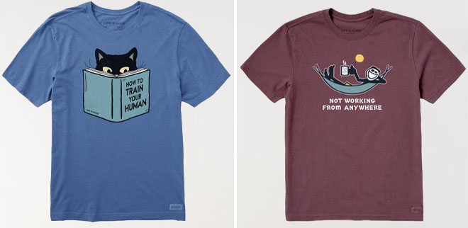 Mens Vintage Blue Train Your Human Cat Book Crusher Tee and Mahogany Brown Not Working Hammock Crusher Tee