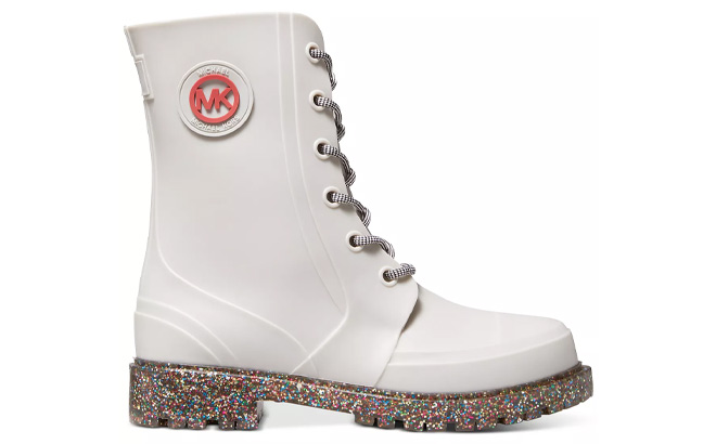 Michael Kors Womens Montaigne Water Resistant Faux Fur Lined Lace Up Rain Booties in Aluminum Colors