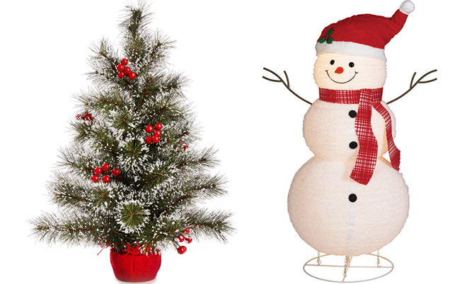 Mini Snowy Needle Burlap Artificial Christmas Tree and Light Up Santa Hat Pop Up Snowman