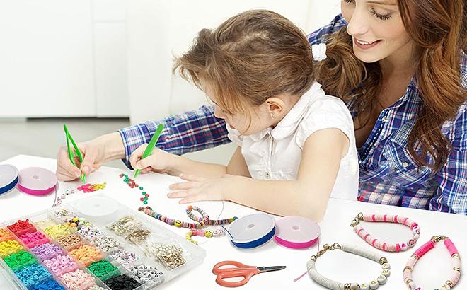 Mom and Daughter Using the Redtwo 5100 Clay Beads Bracelet Making Kit