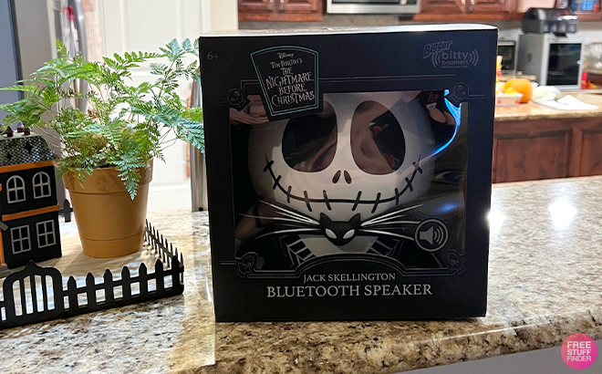 Nightmare Before Christmas Jack Skellington Bluetooth Speaker on a Kitchen Countertop