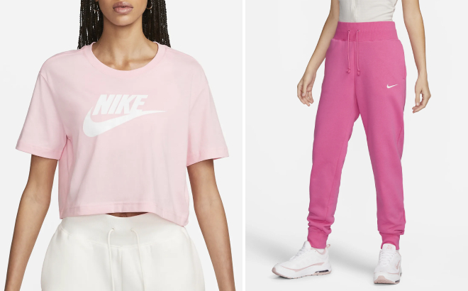 Nike Womens Cropped Logo Shirt and Phoenix Fleece High Waisted Joggers