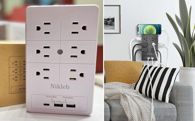 Nikleb Surge Protector Outlet Extender Black White