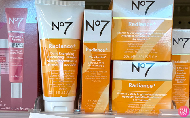 No7 Radiance Skin Care Products on a Store Shelf