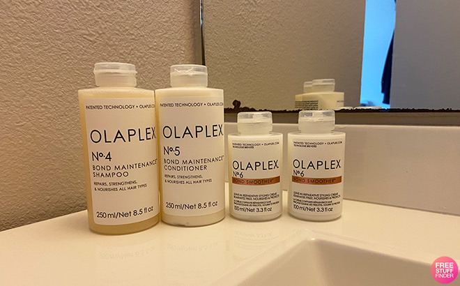 Olaplex No4 Bond Maintenance Shampoo and Olaplex No6 Bond Smoother in Bathroom