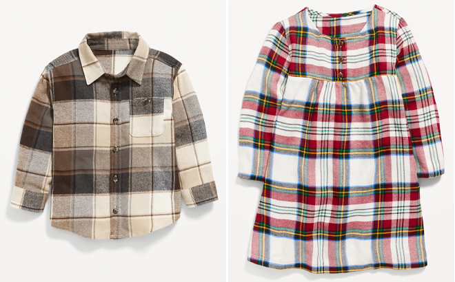Old Navy Toddler Boys Long Sleeve Plaid Pocket Shirt and Old Navy Girls Flannel Nightgown