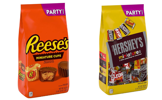 One Pack of Reeses Candy Party on Left and One Pack of Hersheys Candy Party on Right