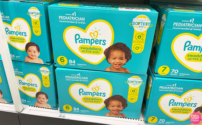 Pampers Swaddlers Active Baby Diapers Size 6 84 Count on a Shelf