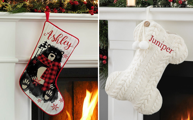 Personalized Cozy Bear Scarf Stocking and Personalized Cable Knit Bone Stocking