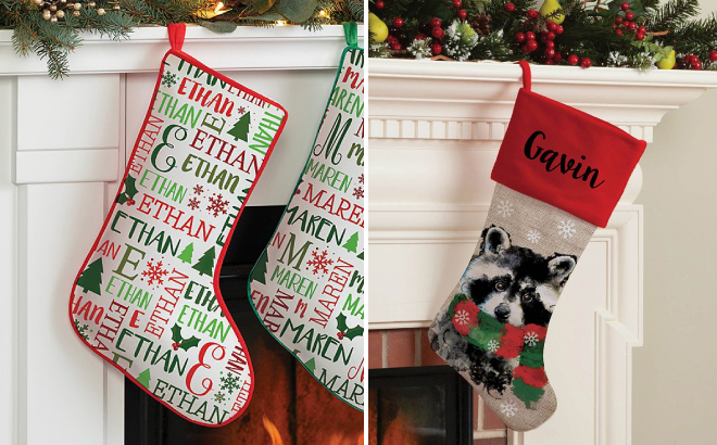 Personalized Red Trim Jolly Stocking and Personalized Raccoon Stocking