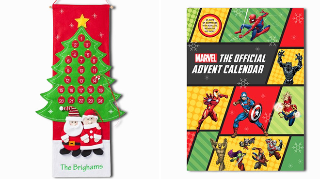 A Photo of the Personalized Winter Wonderland Advent Calendar on the Left and the Marvel Official Advent Calendar on the RIght