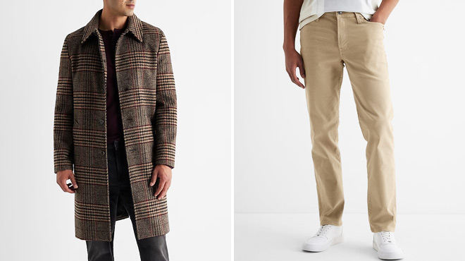 Plaid Wool Blend Topcoat and Slim Straight Khaki Hyper Stretch Jeans