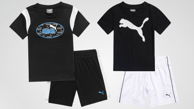 Puma Black & White Stripe Logo Performance Tee & Shorts on the Left and Puma Black Logo Jersey Tee & White Mesh Shorts on the Right