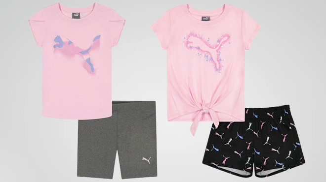 Puma Light Pink Logo Tee & Black Bike Shorts on the Left and Puma Light Pink Logo Tie-Front Tee & Black Logo Shorts on the Right