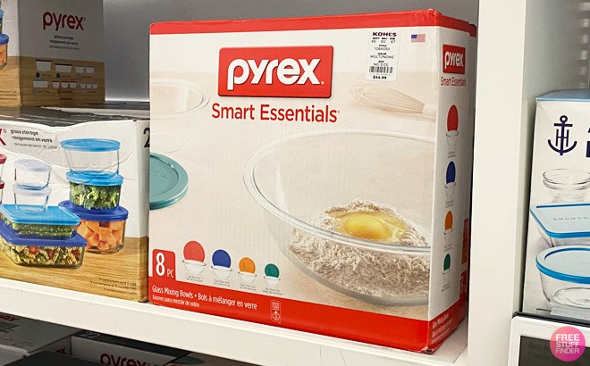 Pyrex Smart Essentials 8 Piece Glass Food Storage Bowl Set on a Shelf