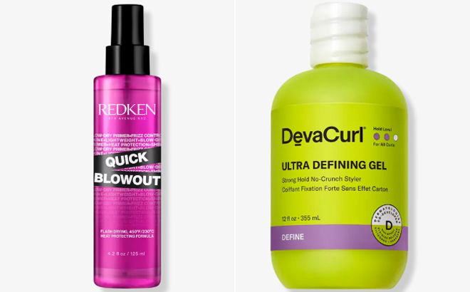 Redken Quick Blowout Heat Protectant Spray and Deva Curl ULTRA DEFINING GEL Strong Hold No Crunch Styler