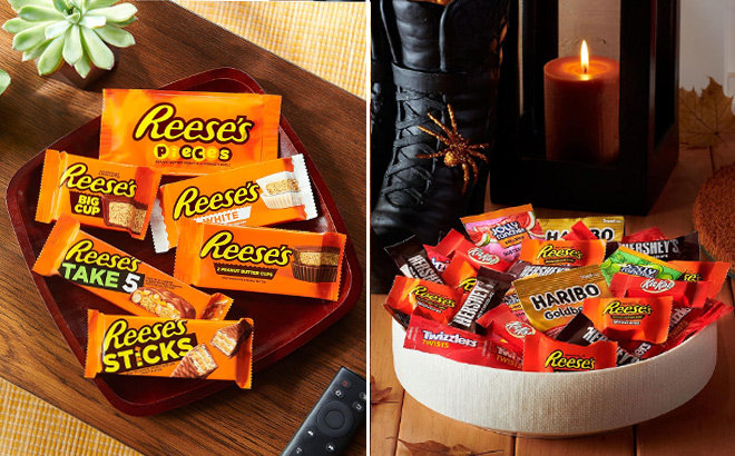 Reese Packs in Bowl on right and HERSHEYS Halloween Variety Bag