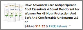 Screenshot of Dove Womens Deodorant 4 Pack Discounted Final Price at Amazon Checkout