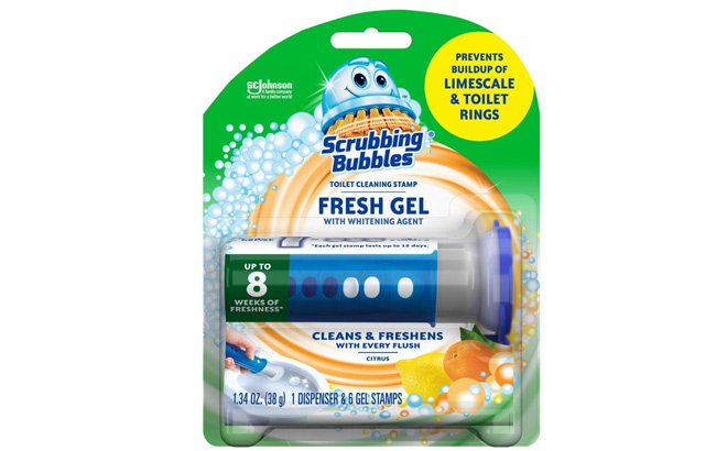 Scrubbing Bubbles Fresh Gel Toilet Bowl Cleaning Stamps on a Plain Background