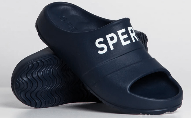 Sperry Womens Float Slide Logo Sandals on Gray Surface Sperry Womens Float Slide Logo Sandals on Gray Surface