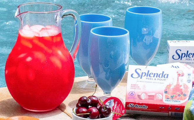 Splenda Peel Pour Drink Mix Fruit Punch 6 Liquid Pods with Pitcher and Glasses