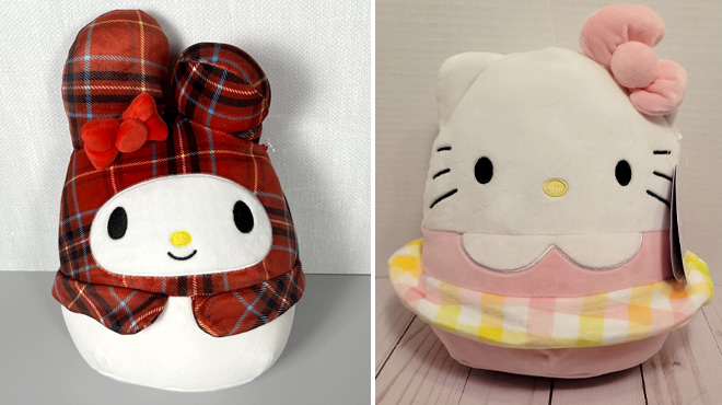 Squishmallows 8 Inch Hello Kitty Plaid My Melody Plush on the Left and Squishmallows 8 Inch Hello Kitty Plush on the Right