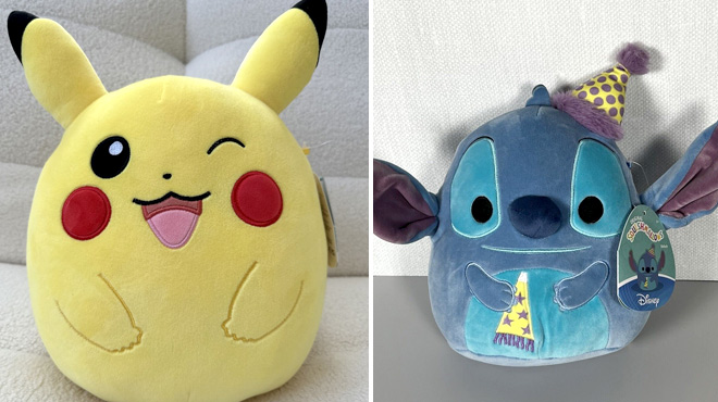 Squishmallows Pokemon 10 Inch Pikachu Plush on the Left and Squishmallows Disney Stitch 8 Inch Birthday Plush on the Right