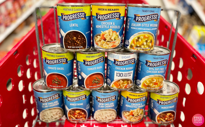 Stacked Cans of Progresso Soup in Cart