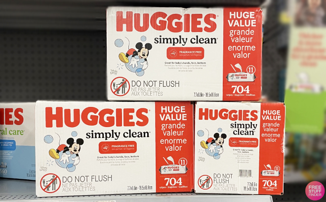 Stacked Huggies Simply Clean 704 Count Baby Wipes on Rack