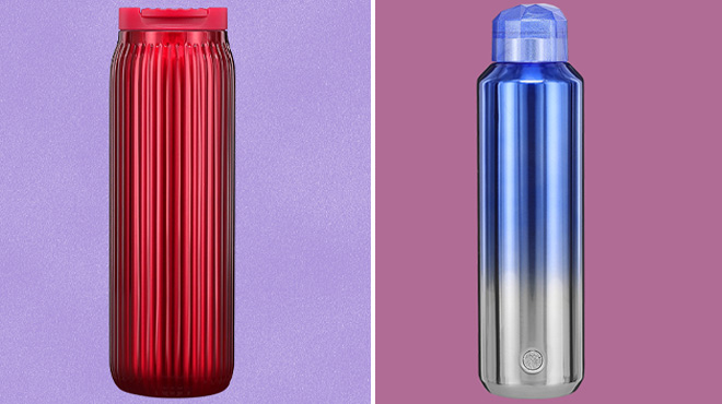 Starbucks Deep Red Pleated Tumbler and Gradient Winter Blue Water Bottle