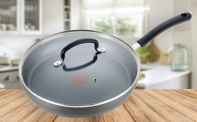 T fal Ultimate Hard Anodized Nonstick Fry Pan on Kitchen Desk
