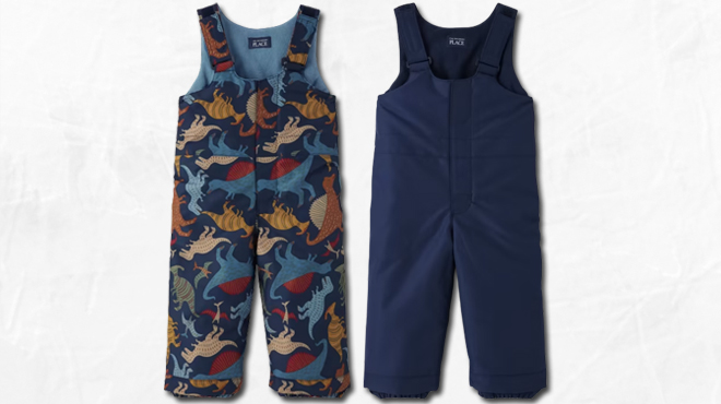 The Childrens Place Toddler Boys Snow Overalls in Dino pattern on the left and Tidal color on the right