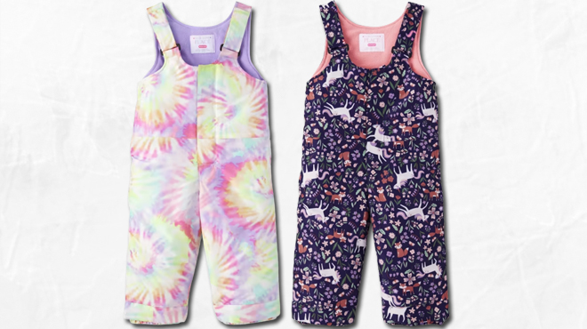 The Childrens Place Toddler Girls Snow Overalls in French Rose Color on the left and Empire Purple color on the right