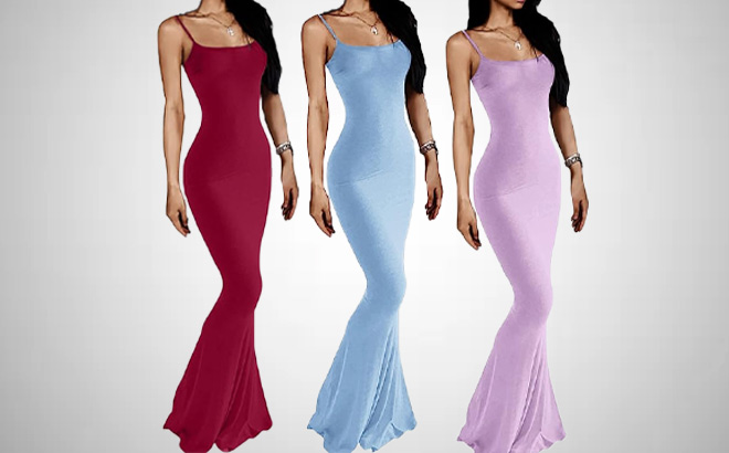 Three Womens Maxi Bodycon Long Tight Dresses in Red Blue and Pink