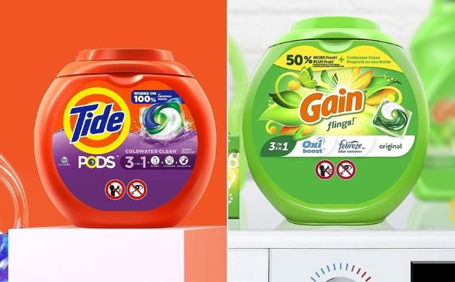 Tide PODS Liquid Laundry Detergent on the Left Side and Gain flings Laundry Detergent Soap on the Right Side Tide PODS Liquid Laundry Detergent on the Left Side and Gain flings Laundry Detergent Soap on the Right Side