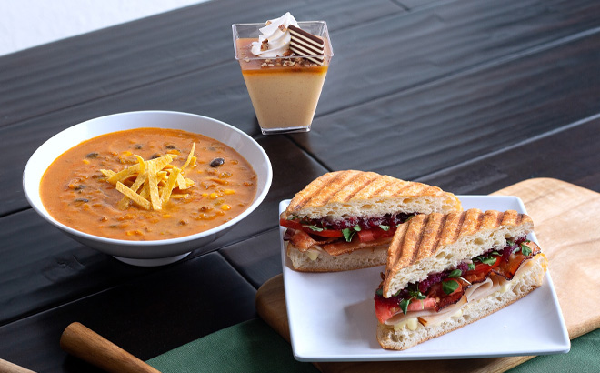 Turkey Cranberry Brie Sandwich Pumpkin Spice Creme Brulee and Pumpkin Chorizo Soup on the Table