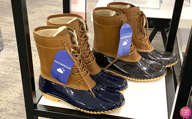 Two Colors of Womens Duck Boots on a Store Shelf