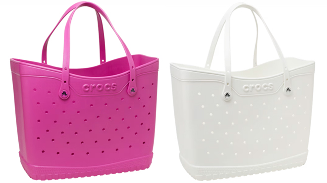 Two Crocs Classic Tote Bag in Juice Pink and White Colors