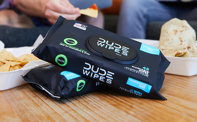 Two Dude Wipes Packs on a Table