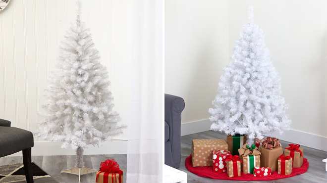 Two Images of 5 Foot Unlit White Artificial Christmas Tree