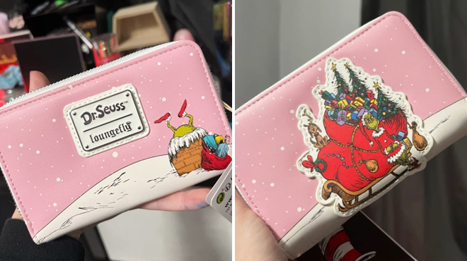 Two Images of Loungefly Dr Seuss Grinch Sleigh Zip Around Wallet