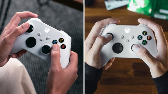 Two Images of a Hand Holding Microsoft Xbox Wireless Controller in Robot White Color