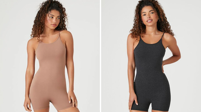Two Images of a Woman Wearing Forever 21 Fitted Scoop Neck Cami Romper Two Images of a Woman Wearing Forever 21 Fitted Scoop Neck Cami Romper