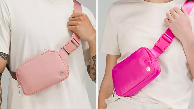 Two Lululemon Everywhere Belt Bags in Pink Pastel Color on the Left and Sonic Pink on the Right