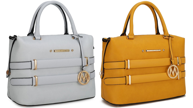 Two MKF Collection Leila Tote Bags in Light Blue on the Left and Mustard on the Right